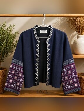 Hill Tribe Hemp Jacket-Patchwork Sleeve with Silver Bead Detail / L=40